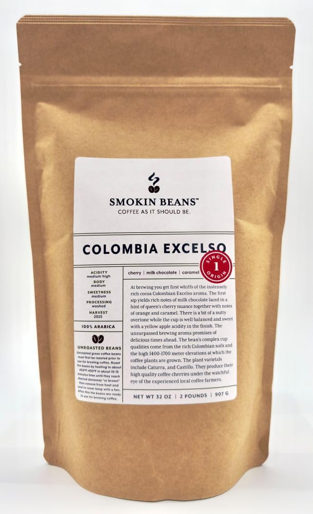 2-Pound Colombia Excelso Unroasted Green Arabica Coffee Beans, Fresh Current Crop Specialty Grade, Roast the Beans Yourself at Home on Your Roasting Equipment Prior to Using for Brewing Coffee