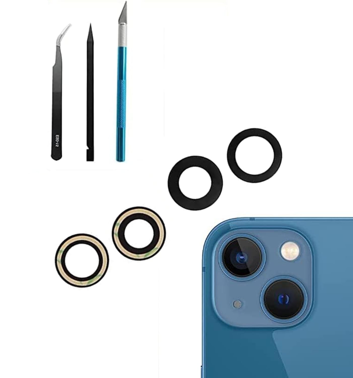 Lentille de Rechange pour Appareil Photo arrière pour iPhone 13/iPhone 13 Mini, Anti-Rayures et étanche, Coque arrière en Verre de Rechange avec et kit d'outils de réparation
