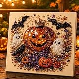Fecisumkeji Halloween Ghost Black Cat Pearl Diamond Art DIY Kit, 11.8×11.8 Inch Cute Wreath 3D Pearl Painting Crafts for Adults, Fall Pumpkin Moon Wall Decor, Beginner Seasonal Craft Gift (Pumpkin)