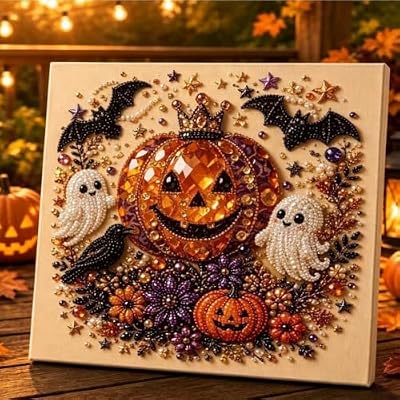 Fecisumkeji Halloween Ghost Black Cat Pearl Diamond Art DIY Kit, 11.8×11.8 Inch Cute Wreath 3D Pearl Painting Crafts for Adults, Fall Pumpkin Moon Wall Decor, Beginner Seasonal Craft Gift (Pumpkin)
