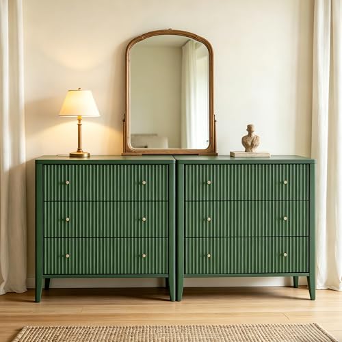 Image of Fatmok Fluted 3 Drawer Dresser for Bedroom, 34 inch Wide Chest of Drawers, Modern Wood Nightstand End Table with Metal Handles, Striped Storage Cabinet for Living Room, Hallway, Entryway, Green