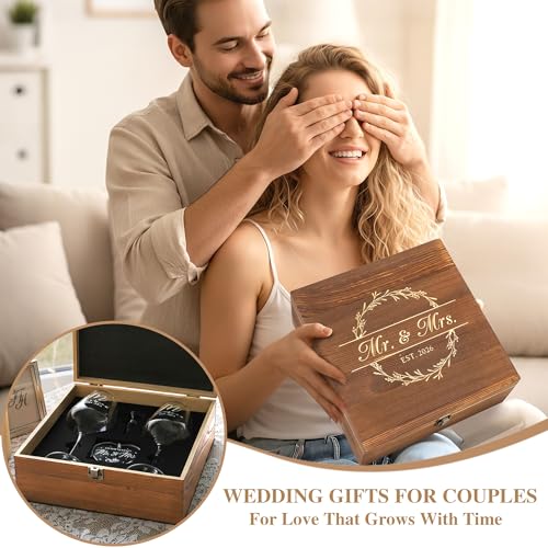Image of Wedding Gifts for Couples 2026 Mr and Mrs Engraved Wine Glasses Engagement Gift for Newlywed Bachelorette Bridal Shower Gifts for Bride and Groom Present for Bride To Be His and Hers
