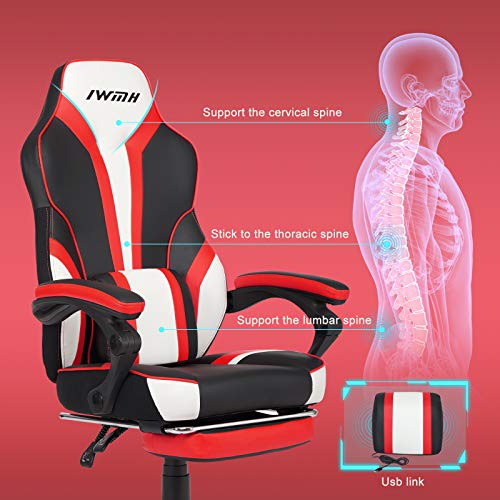 Sedia da Giocco, Sedia da Corsa Sportiva Schienale Alto, Sedia da Ufficio Ergonomica, Sedia Gaming con Cuscino Lombare Messaggiante, Sedia Girevole con Poggiapiedi (Rosso) - Sedia gaming - Immagine 5