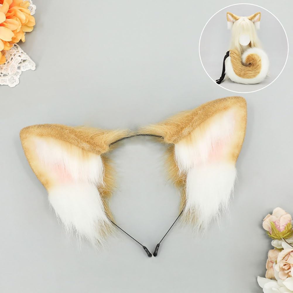 Dog Ears & Tail Cosplay Set Animal Ears Headband Tail with Detachable Waist Strap for Halloween Costume Parties