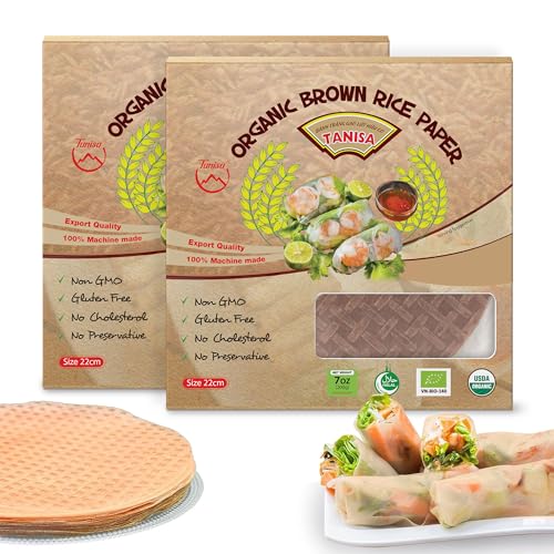 TANISA Organic Brown Rice Paper Wrappers, 76 Rice Paper Sheets, Healthy Gluten Free Spring Roll Wrappers, Round Rice Wrappers for Fresh Rolls, Suitable for Any Meal (12oz, Pack 2)