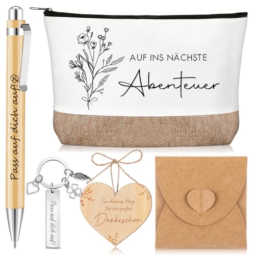 Nezyo Geschenksets für Kollegen Mit Inspirierender Kosmetiktasche Pass auf Dich Auf Schlüsselanhänger Kugelschreiber Liebeskarte aus Holz Ruhestand Jobwechsel Abschiedsgeschenk Freundin