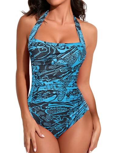 Image of Smismivo Tummy Control Swimwear Halter One Piece Slimming Vintage Retro Swimsuit Womens Ruched Push Up Bathing Suit