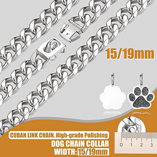 Image of Dog Chain Collars Stainless Steel Dog Collar 15mm Cuban Link Dog Collar Metal Dog Chain with Snap Buckle Dog tag for Puppy Small Dogs(12 inch)