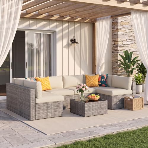 Image of Wisteria Lane 7 Pieces Wicker Patio Furniture Set, All-Weather Patio Sectional Sofa with Coffee Table, Outdoor Sectional Furniture for Garden Backyard, Beige