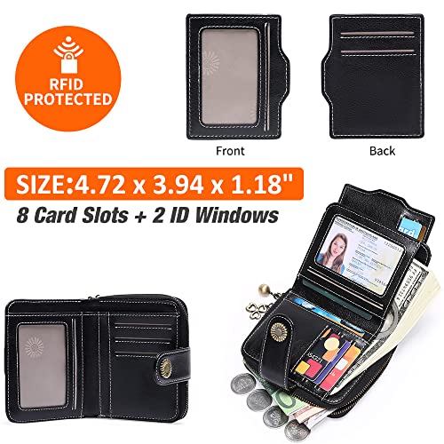 Image of GOIACII Cute Women's Wallets Ladies Leather Billfold Small Black | RFID Blocking, Oil Wax Leather, 2 ID Windows, Compact Size, Multiple Card Slots, Zipper Coin Pocket, Bifold Card Holder