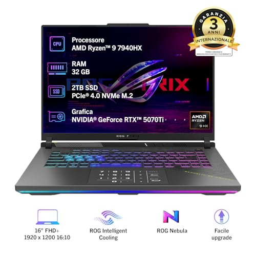 ROG Strix G16 (2025) con display da 16" a 165Hz, NVIDIA GeForce RTX 5070 8GB, AMD Ryzen™ 9 8940HX, RAM 32GB, 2TB SSD, Layout ITA, Win 11 Home, Grigio - Notebook - Immagine 1