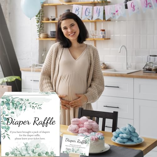 Image of Baby Shower Games, Greenery Diaper Raffle Box, 50 PCS Diaper Raffle Tickets Card Box with Advice and Wishes for the Parents-to-be, Baby Shower Decorations, Diaper Raffle Sign