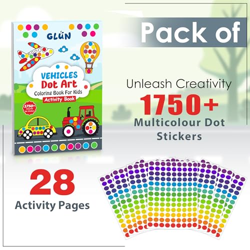 Image of GLUN Vehicles Dot Art Sticker Activity Book, 28 Pages for Kids 3-6 Years | 1750+ Colorful Stickers | Cars, Trucks, Letter Recognition & Fine Motor Skills Activities