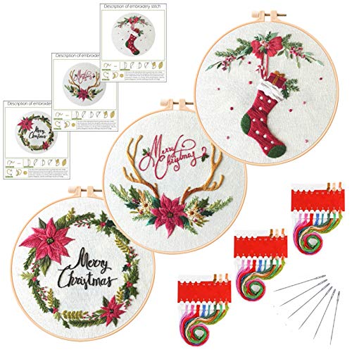 Feltsky 3 Pack Christmas Embroidery Kit - 1 ABS Hoop, 3 Printed Cloth, 3 Threads, 6 Needles, 3 English Instruction - Embroidery Starter Kits for Beginners
