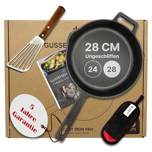 Ottia Poêle en fonte pure pour induction 28 cm (non poncée), avec livre de cuisine électronique, spatule, protection thermique lavable, en fonte, poêle en...