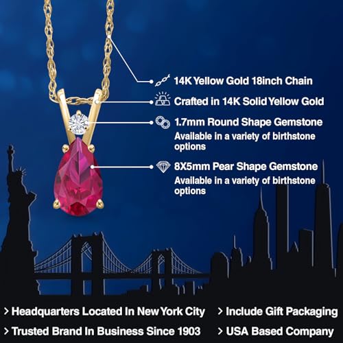 Gem Stone King 14K Yellow Gold Red Created Ruby and White Moissanite Pendant Necklace for Women | 1.07 Cttw | Gemstone July Birthstone | Pear Shape 8X5MM | With 18 Inch Chain2