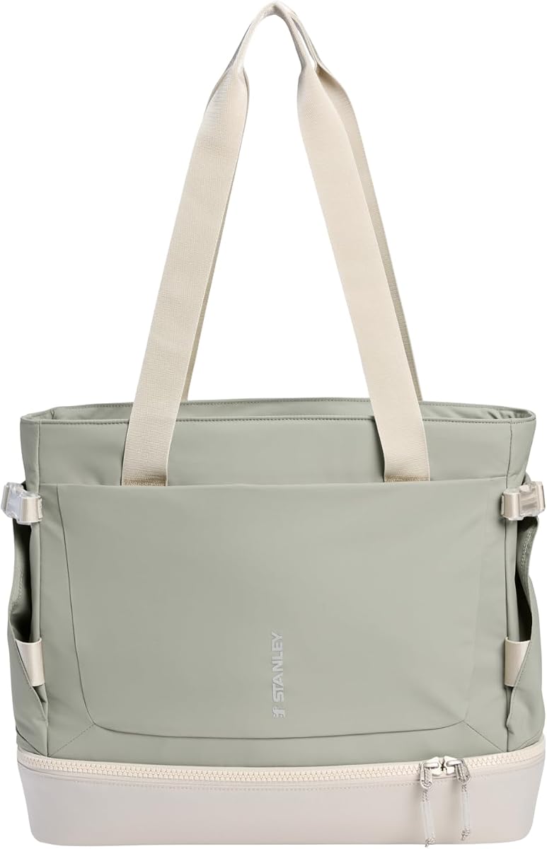 STANLEY Vitalize Tote| Gym, Work & Travel Bag with Laptop Sleeve | Expandable Bottom Compartment | Tumbler & Water Bottle Pockets | Durable Recycled Fabric | Sage Grey