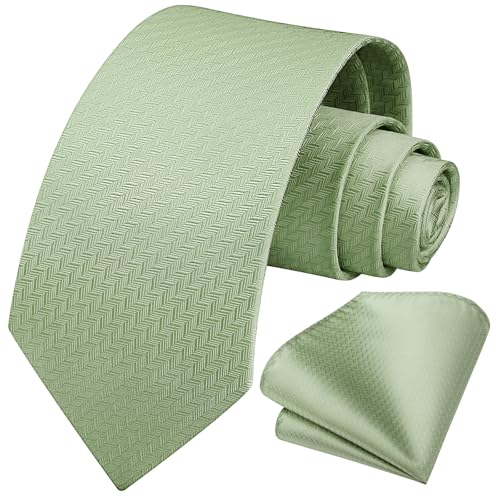 HISDERN Sage Green Ties for Men Wedding Tie & Pocket Square Set Formal Business Necktie Handkerchief Herringbone Neckties