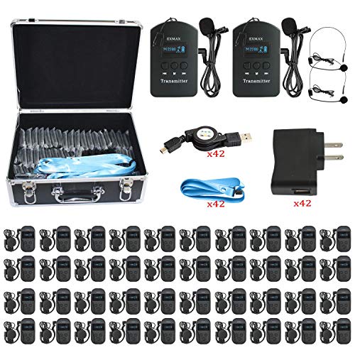 Sistema inalámbrico de micrófono EXMAX EXD-101 de 2,4 GHz para visitas a fábricas, capacitación de empleados, formación educativa, entretenimiento o artes escénicas: 2 transmisores, 40 receptores y estuche de almacenamiento negro