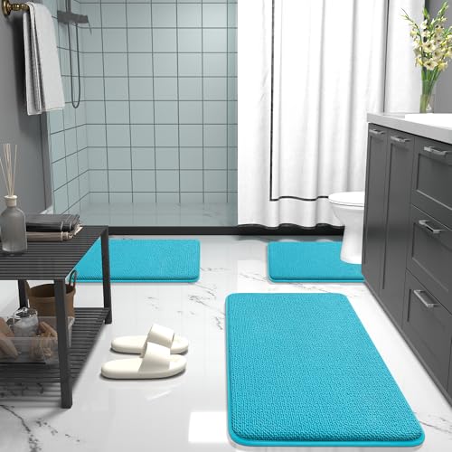 Image of OLANLY Thick Memory Foam Bathroom Runner Rugs 44x24, Extra Soft Absorbent Long Bath Rug, Quick Dry, Non-Slip, Machine Washable Bath Mats for Bathroom, Tub and Shower, Home Decor Accessories, Aqua Sky
