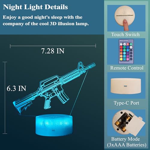 Image of M4A1 Night Light, M4A1 Model Gifts, 3D Illusion Lamp with 16 Colors Changing, Remote Control and Dimmable, Game Living Room Decoration, Holiday Xmas Gifts