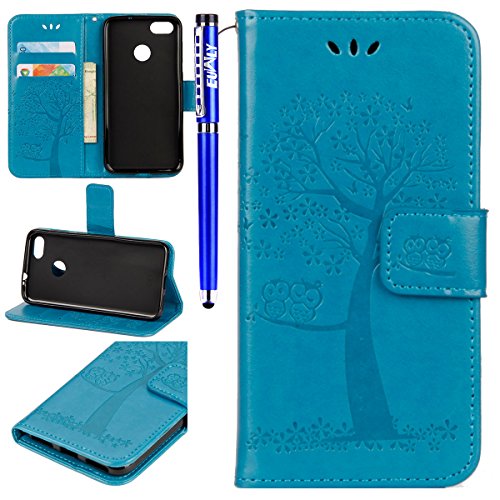 EUWLY Kompatibel mit Huawei Y9 2018 Hülle Handyhülle Luxus Baum Eule Bookstyle LederHülle Ledertasche Schutzhülle Klappbar Handy Tasche Leder Flip Case Cover Mit Magnetverschluß,Blau