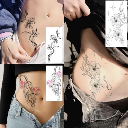Image of VANTATY 12 Sheets Beautiful Lily Temporary Tattoos For Women Adults Arm Leg Waist Tattoo Sticker, Realistic 3D Rose Butterfly Fake Flower Tattoos Body Art Makeup Decals Waterproof Long Lasting Tatoos