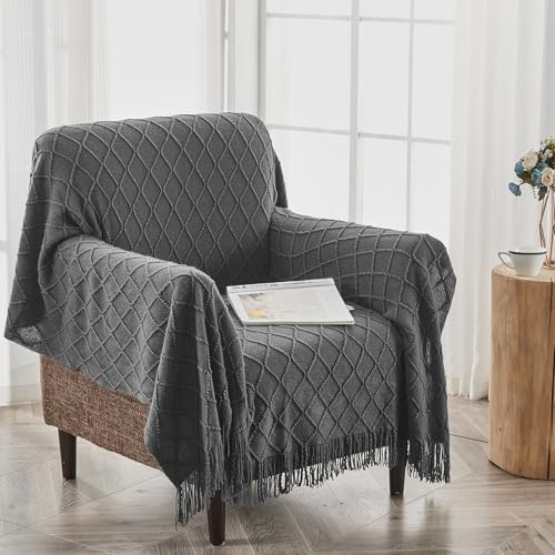 inhand Gestrickte Überwurfdecken für Couch und Bett, weiche, gemütliche Strickdecke mit Quaste, dunkelgrau… – Ansicht 4