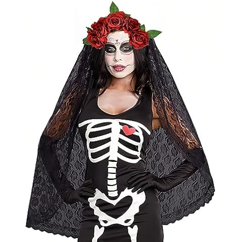 June Bloomy Day of the Dead Headpiece Rose Floral Crown Veil Halloween Costume Mexican Flower Headband(Burgundy) Cover