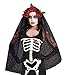 June Bloomy Day of the Dead Headpiece Rose Floral Crown Veil Halloween Costume Mexican Headband (Burgundy)