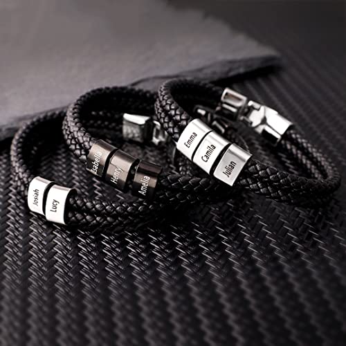 Gifts For Dad Personalized Men’s Bracelets Black Braid Leather Bracelets For Men With 1-8 Names Customized Beads Custom Id Bracelet For Men (4 Beads) #TOP3