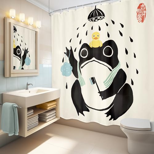 Lghtyro Funny Frog Shower Curtain Bathroom Set 71Wx71H Inches Asian Traditional Japanese Art Cute Animal Bath Style Rubber Duck Bath Accessories Retro Black Beige Art Home Decor Fabric 12 Pack Hooks thumb #3