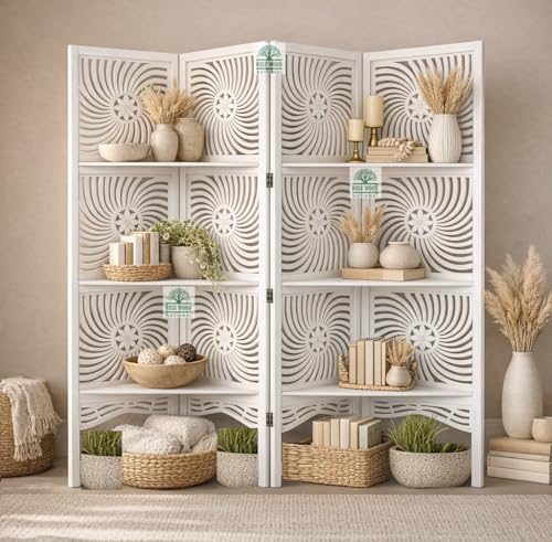 Image of Wooden Room Divider 6 Feet, 4-Panel Folding Wooden Partition for Living Room, Office, Pooja Room, Restaurant, Kitchen & Balcony (2W x 1.82H Meters). (White-Shelves)