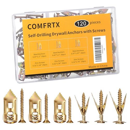 COMFRTX 3 Sizes Self Drilling Drywall Anchors with Screws Kit – 120PCS Heavy Duty Metal Expansion Bolts, Sheetrock Anchors & Drywall Grip Anchors and Screws for Shelf, Mirror, Cabinet, Picture Frames