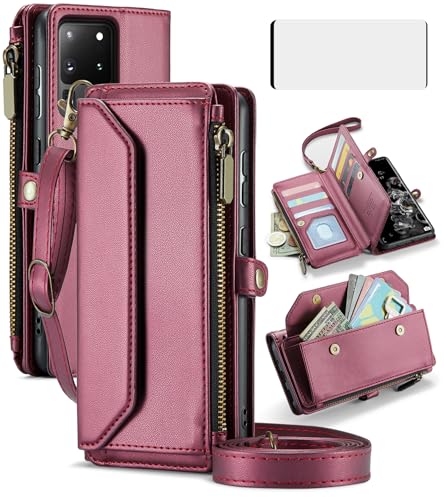Asuwish Phone Case for Samsung Galaxy S20 Ultra 5G Zipper Wallet Cover with Tempered Glass Screen Protector and Flip RFID Blocking Card Holder Cell S20ultra 20S S 20 A20 S2O 20ultra G5 Women Wine Red