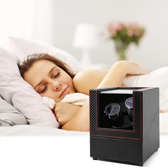 Image of Double Automatic Watch Winder Box, Automatic Watch Display Storage Rotation Wristwatch Box with 2 Slots-Black (CARBON)