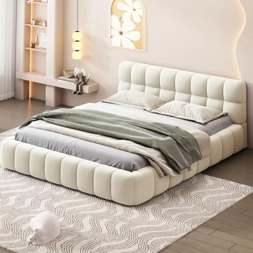 BRILVERDE Polsterbett 140x200 cm Bubble Bett, Doppelbett mit Weiches Kopfteil, Jugendbett, Bettgestell mit Lattenrost, Leinen, ohne Matratze (Beige,...