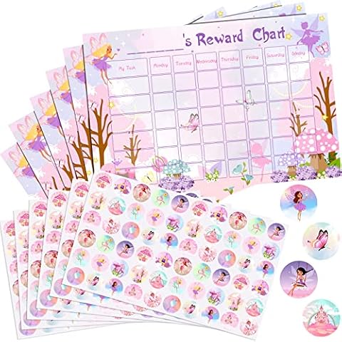 Outus 12 Pieces Reward Chart with Stickers Include 6 Pieces Behaviour Charts, 6 Sheets/ 360 Pieces Reward Chart Reusable Stickers for Girls Children Behaviour Training (Fairy Style) Cover