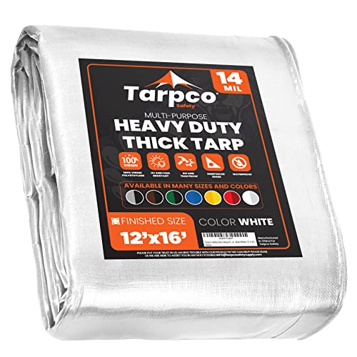Image of Extra Heavy Duty 14 Mil Tarp Cover, Waterproof, UV Resistant, Rip and Tear Proof, Poly Tarpaulin with Reinforced Edges for Roof, Camping, Patio, Pool, Boat (White 12′ X 16′)
