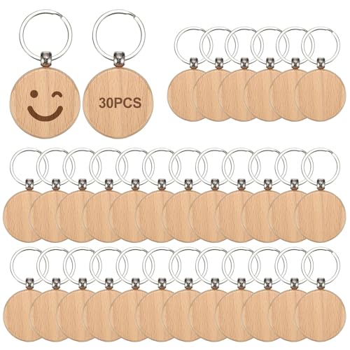 30 Stück Schlüsselanhänger Holz Ø 4cm Schlüsselanhänger Holz Rund Personalisierte Runde Leer Rohling Schlüsselanhanger Holzen Rohling für DIY Dekoration Geschenke Schlüsselbund Malerei
