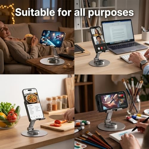 Image of Metal Mobile Phone Stand for Desk | Adjustable 360 Degree Rotating Foldable Holder for iPhone Android Smartphones | Anti Slip Stand for Video Calls Office Work