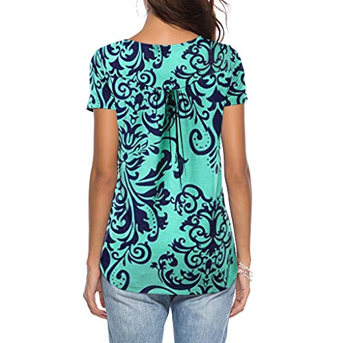 Goddessvan Women's Printed Long Sleeve Henley Pleated Tops Casual Flare Tunic Blouse Shirt (XL, Sky Blue)