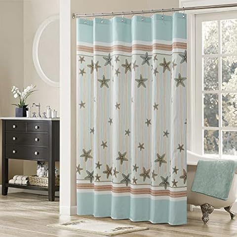 D DS CURTAIN Tremiti Aqua Ocean Striped Farmhouse Starfish Polyester Waterproof Fabric Sea Printed Cloth Green Bath Shower Curtain for Bathroom,72" W x Extra 78" H Cover