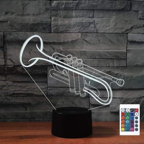 Image of Trumpet 3D Night Light, Color Changing LED Lamp | Remote Control, Music Themed Desk Decor, Acrylic
