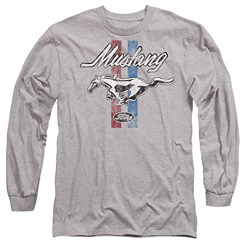 Popfunk Classic Ford Mustang Stripes Unisex Adult Long-Sleeve T Shirt, Athletic Heather,Large
