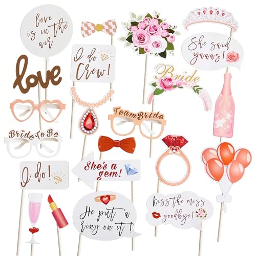 Bachelorette Party Photo Booth Props-23 Pcs Water-Resistant Rose Gold Bridal Shower Decorations Wedding Photo Booth Props Funny Team Bride Selfie Signs Glasses for Engagement Hen Do Wedding