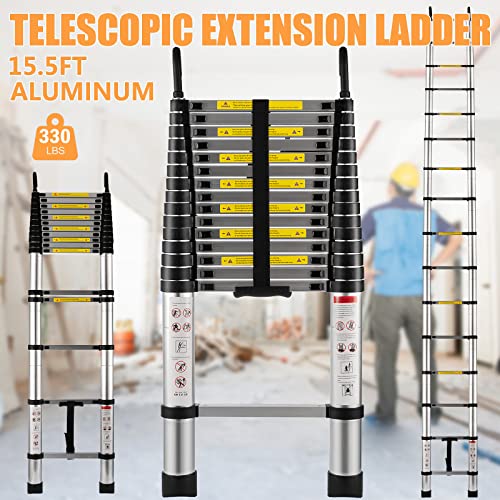 Topdeep Telescoping Ladder 15.5 Ft, Lightweight Aluminum Extension Ladder With 2 Detachable Hooks, Heavy Duty 330Lbs Max Capacity Retractable Collapsible Ladders For Household And Rv Outdoor Work #TOP2