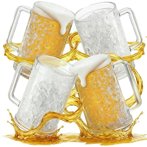 Granatan Beer Mugs with Gel Freezer 16 oz, Clear Double Walled Beer Mugs with Handles Set Of 4