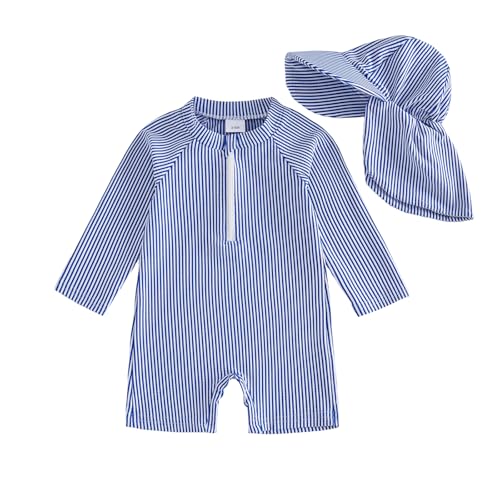 Image of Gueuusu Baby Boys Girls Swimsuit One Piece Striped Zipper Bathing Suit Rash Guard Long Sleeve Seersucker Swimwear Sunsuit