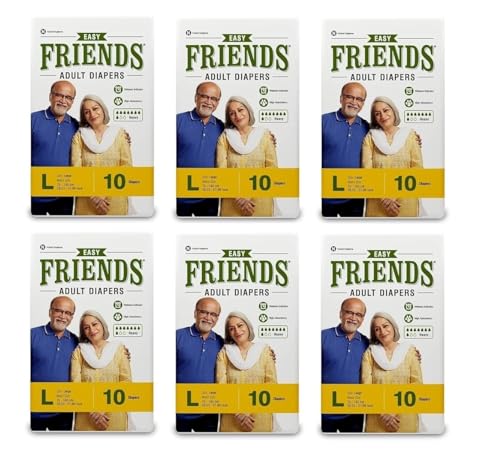 Image of Friends Easy Unisex Adult Diapers Tape Style-10 Count /Pack With Odour Lock And Anti-Bacterial Absorbent Core- Waist Size 30-56 Inch ; 76-142Cm (Pack-6, Large 60 Count)